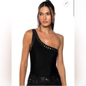 AKIRA Black Studded One-Shoulder Bodysuit